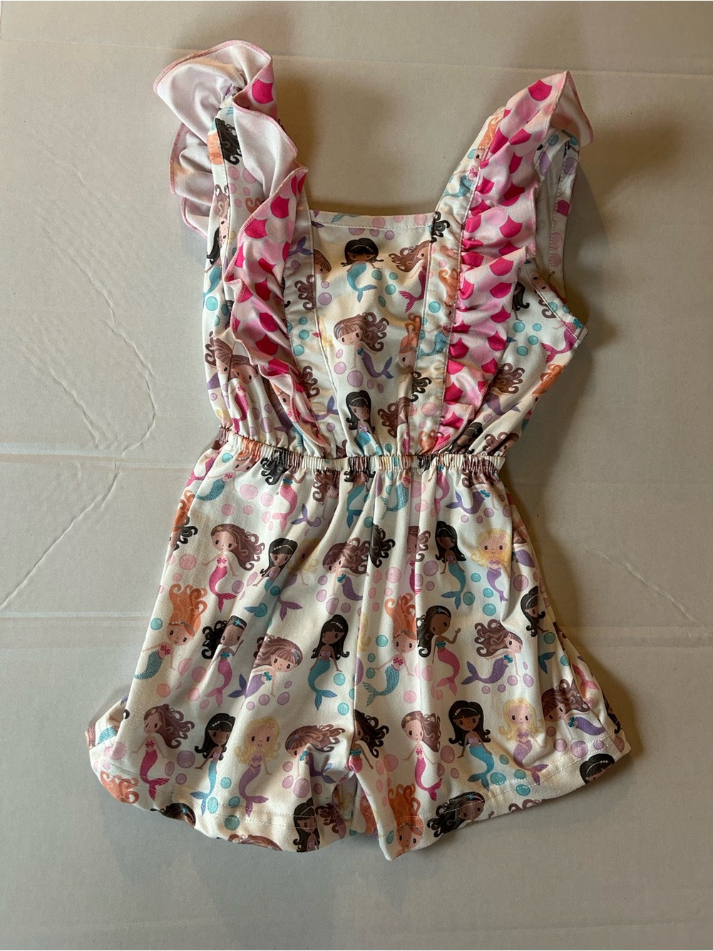 Girls' Mermaid Print Ruffle Romper - Pink & Cream